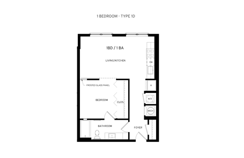 Floor plan for 1 bed, 1 bath, 677 sqft